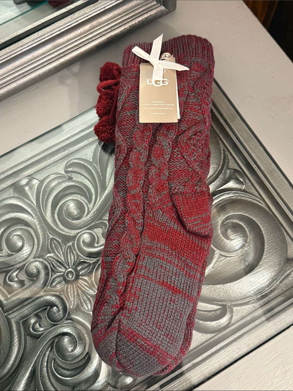 UGG Fleece Lined Cozy Red and Gray Cable Knit Pom Slipper Socks Lonely Hearts
